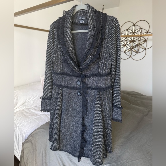 Nicole Sabbattini Jackets & Blazers - Nicole Sabbattini Grey Black Trench Coat XL Ruffle Whimsygoth Y2K Sweater Dress